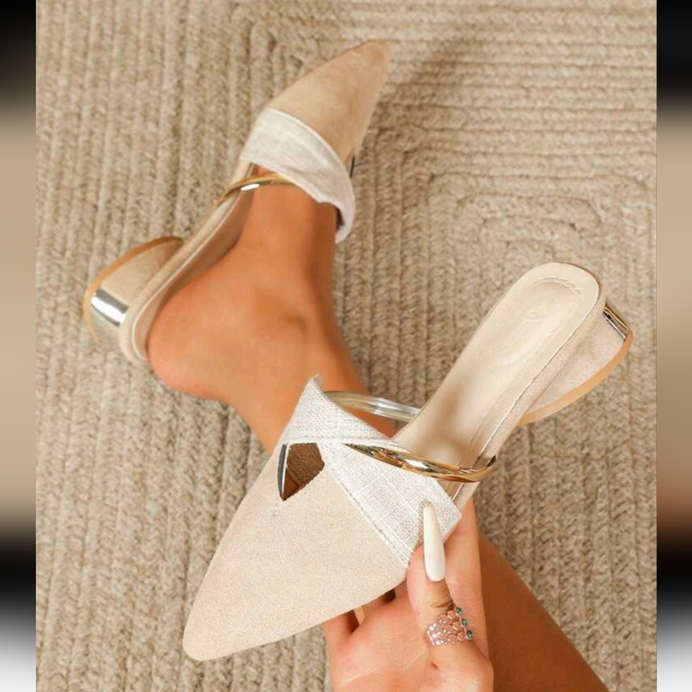 Women's Beige Mule Wedge Shoes, Pointed Toe Outdoor Party Suede Low Heel Shoes,
